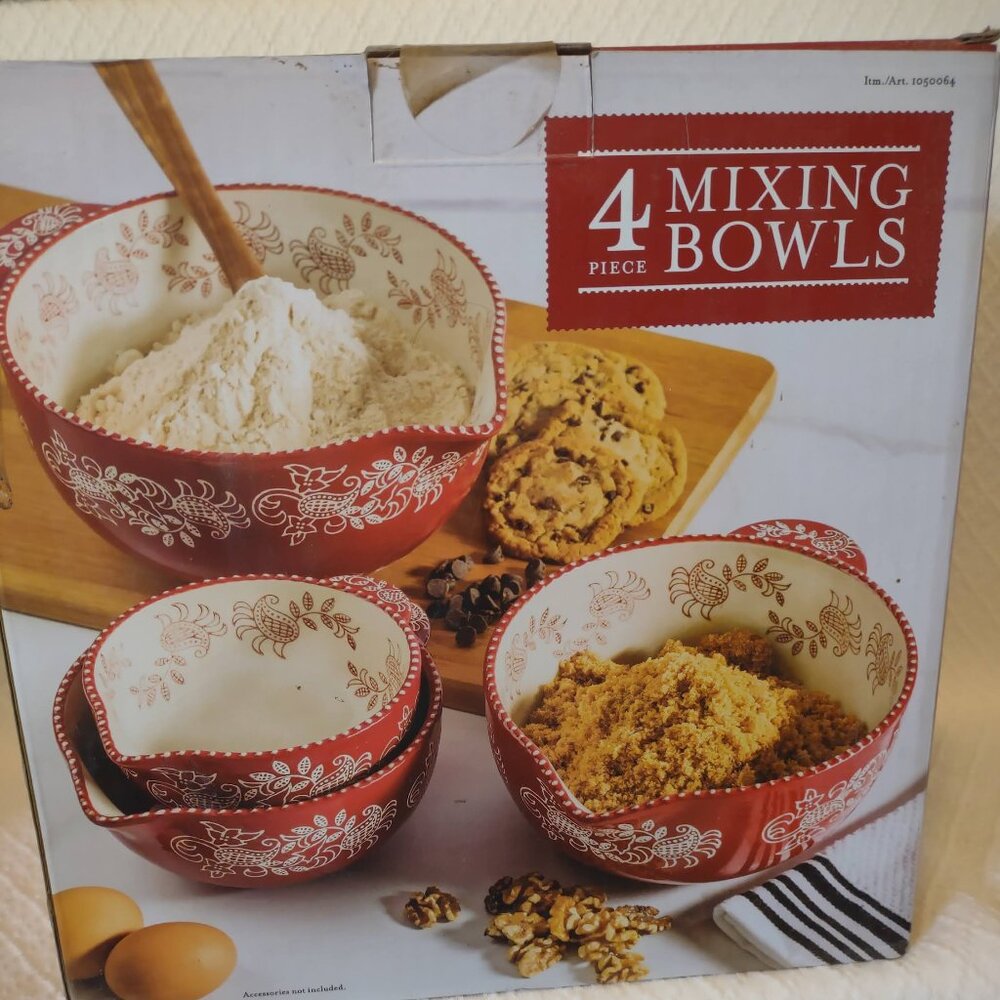 4-Pc Stoneware Mixing Bowls Set w/ Spouts & Handles UNOPENED
